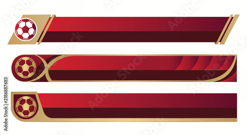 lower third set designed for soccer and football live broadcasting, video streaming, or television coverage, red and gold modern banners with soccer ball icons