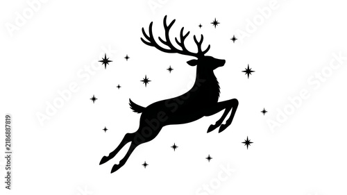 Black silhouette of a leaping reindeer with antlers surrounded by twinkling stars