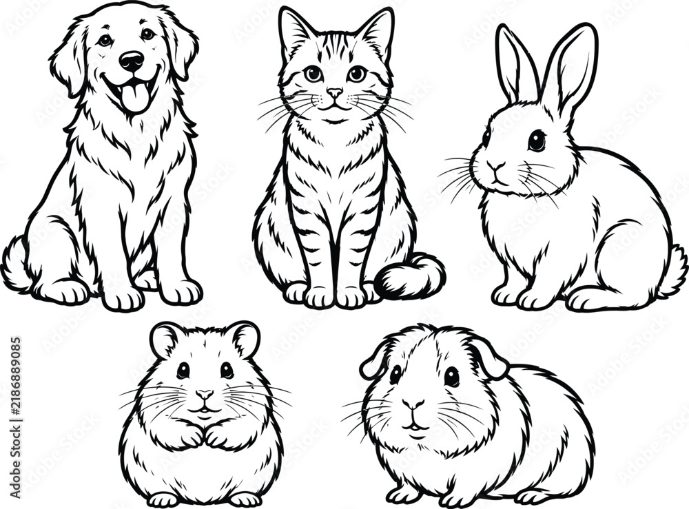 Fototapeta premium Collection of domestic animals in a black and white vector illustration