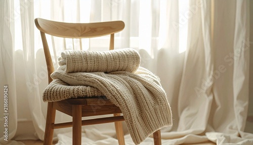 Cozy Woolen Sweater on Wooden Chair by Window in Sunlight
