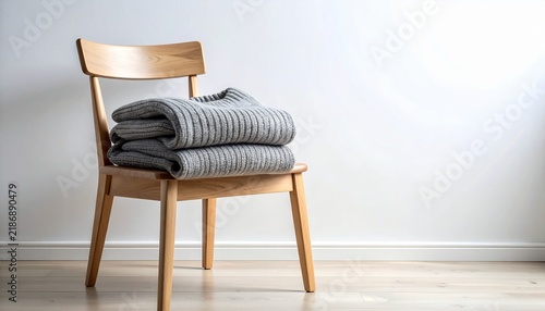 Warm grey knit sweaters stacked on a wooden chair, evoking cozy home decor