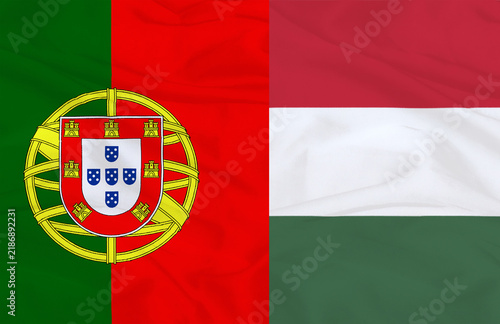 Portugal and Hungary Flags Together Waving Fabric Texture