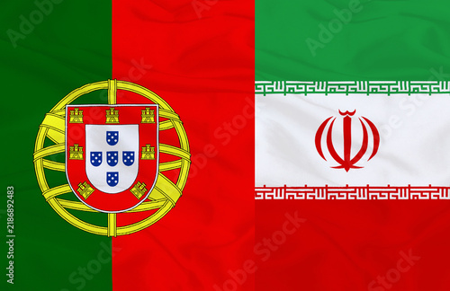 Portugal and Iran Flags Together Waving Fabric Texture