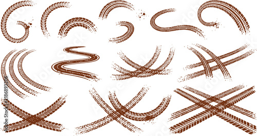 Tire tread marks after skidding, launch, drift, powerslide in motorsport, rally, off-road, motocross. Wheel texture with splash effect. Vector, transparent EPS version.