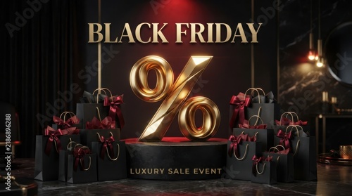 Golden percent symbol balloon on display for black friday luxury shopping event with shopping promotion discount