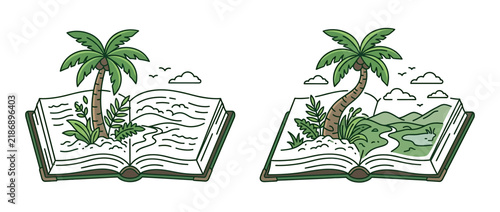 Foto Open book with tropical island scene and palm tree