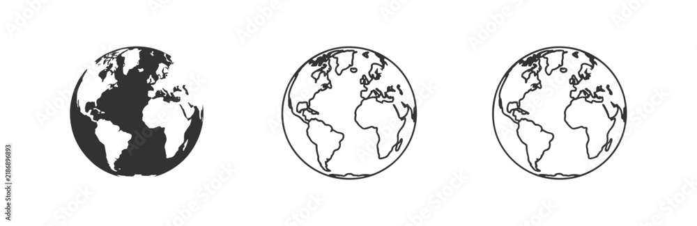 Obraz premium Three stylized globe icons representing planet earth with different continental views and styles