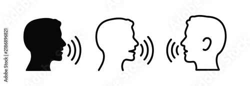 Three simplified human head profiles illustrating communication and sound waves traveling between them