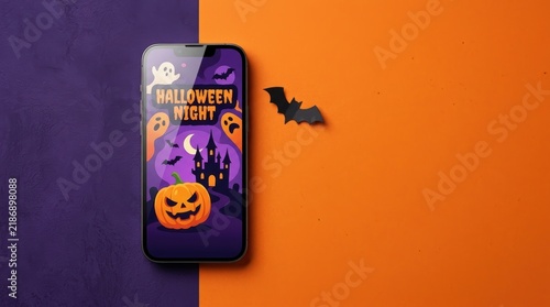 Smartphone with Halloween invitation on orange and purple textured background with copy space