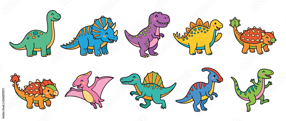 Obraz premium Collection of cute cartoon dinosaurs isolated on transparent background