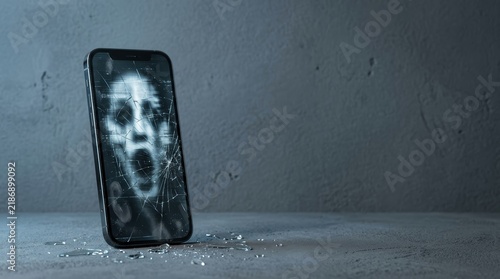 Haunted Smartphone with Ghostly Screaming Face on Cracked Screen, Eerie Horror Glitch Display on Minimalist Textured Background with Copy Space for Halloween Advertising Campaign