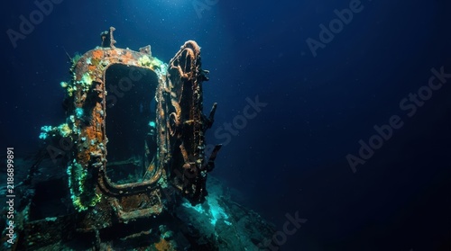 Cinematic deep sea advertising banner with an isolated rusty submarine hatch in a murky blue abyss and large copy space for commercial design.