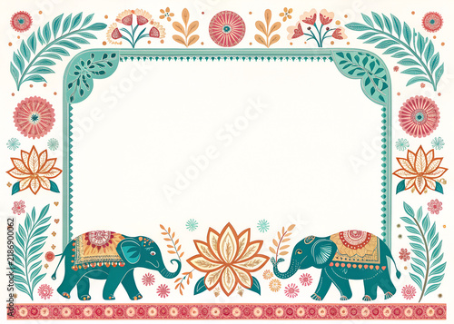 Indian elephant parade frame  decorative stylized elephants along the lower edge  floral ornaments and colorful Indian patterns surrounding the border
