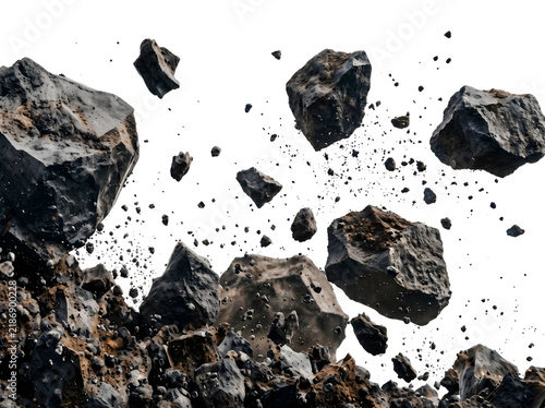 3D Render of Exploding Asteroid Belt and Floating Cosmic Debris in Outer Space Isolated on Transparent Background