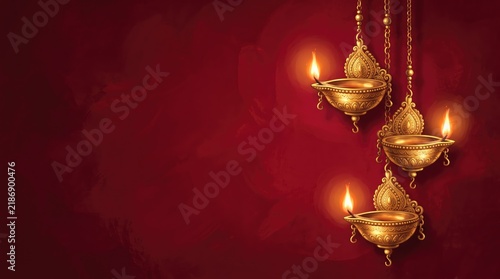 Elegant golden lanterns with warm glowing light hang against a rich red textured background
