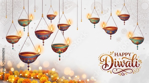 Elegant arrangement of wine glasses with warm lighting and a festive diwali greeting celebration