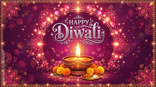 Festive diwali celebration with a glowing diya lamp and vibrant decorations for the indian festival of lights
