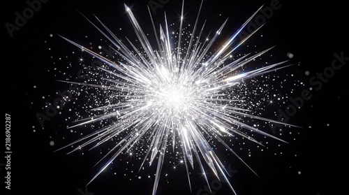 Abstract silver crystal explosion with futuristic white light burst and shimmering particles on black background