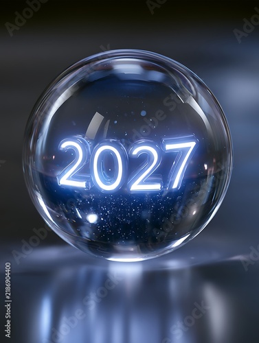 Glowing crystal ball with 2027 neon light inside
