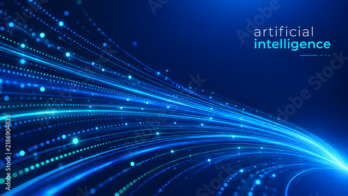 Glowing blue particle trails and light streams curve across a dark background with artificial intelligence text. Abstract tech graphics represent fast fiber optics. Vector banner.