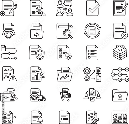Contract lifecycle management business process line icons for enterprise software, legal workflow and SaaS