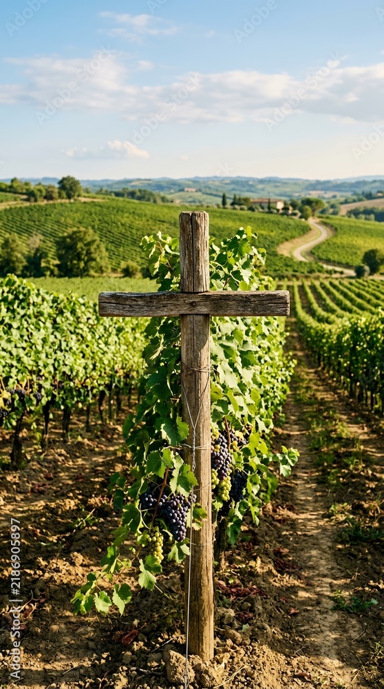 Obraz premium Wooden cross in a lush green vineyard under a blue sky.