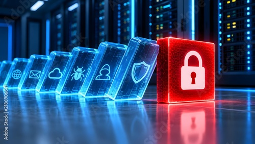 Glowing red security padlock block stopping falling digital threat dominoes in server room data center