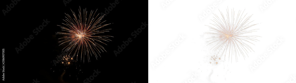 Obraz premium Stunning golden firework display exploding in the night sky, capturing the vibrant sparks and trails of a festive celebration or new years eve event isolated on transparent background