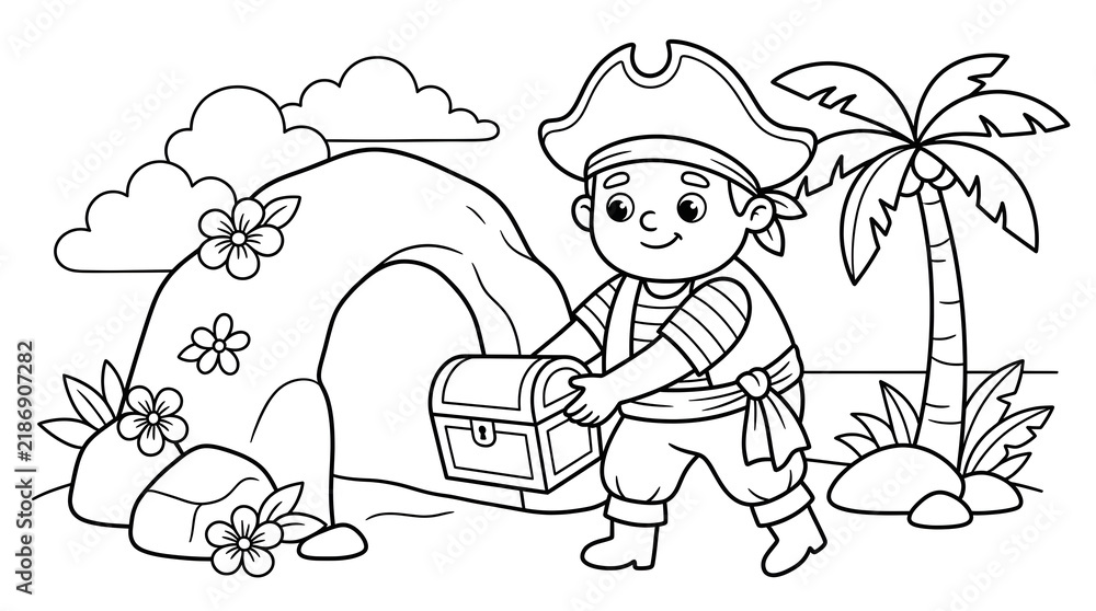 Fototapeta premium Cartoon pirate boy holding treasure chest near palm tree