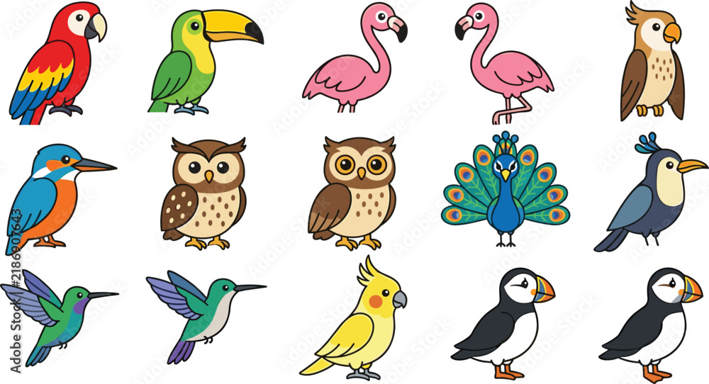 Fototapeta premium Colorful Exotic Bird Collection with Parrot, Toucan, Flamingo, Owl, Peacock, Hummingbird, Cockatoo and Puffin Cartoon Illustrations