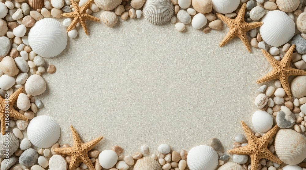 Obraz premium Top view of seashells starfish smooth pebble border around sandy background for coastal summer design with natural texture and peaceful seaside feeling