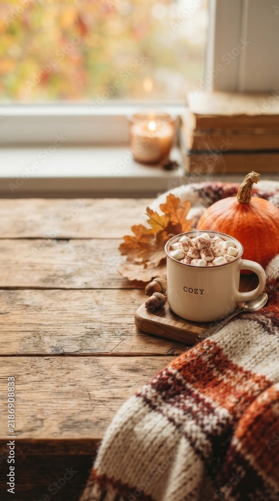 Obraz premium Cozy autumn still life with a steaming mug of hot chocolate - A warm, inviting autumn scene featuring a steaming mug of hot chocolate, pumpkin, and a cozy blanket.