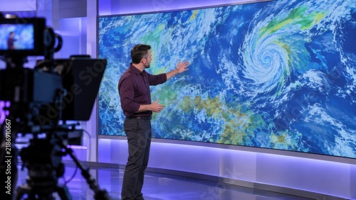 meteorologist presents a weather forecast, pointing at a large screen displaying a swirling hurricane over the ocean.