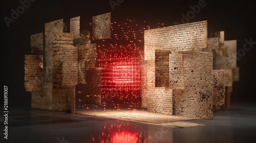 A conceptual representation of an algorithm embodying a new kind of historian, merging traditional manuscripts with digital data elements in a captivating and futuristic setting