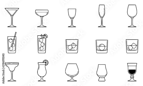 Minimalist vector illustration of 15 cocktail glasses arra set with simple line art design featuring sketches, drawings, vector graphics with minimalist and simple illustrations