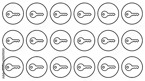 Minimalist vector illustration of 18 identical circular set with simple line art design featuring simple design, minimalist, black and white with illustrations and graphics