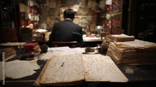 An evocative scene in a dimly lit historical archive room showing a man seated at a desk cluttered with aged documents, the atmosphere rich with the weight of history and mystery, faint light illumina