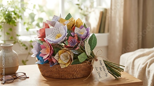 Handmade paper flower bouquet in woven basket on wooden table with paper flowers