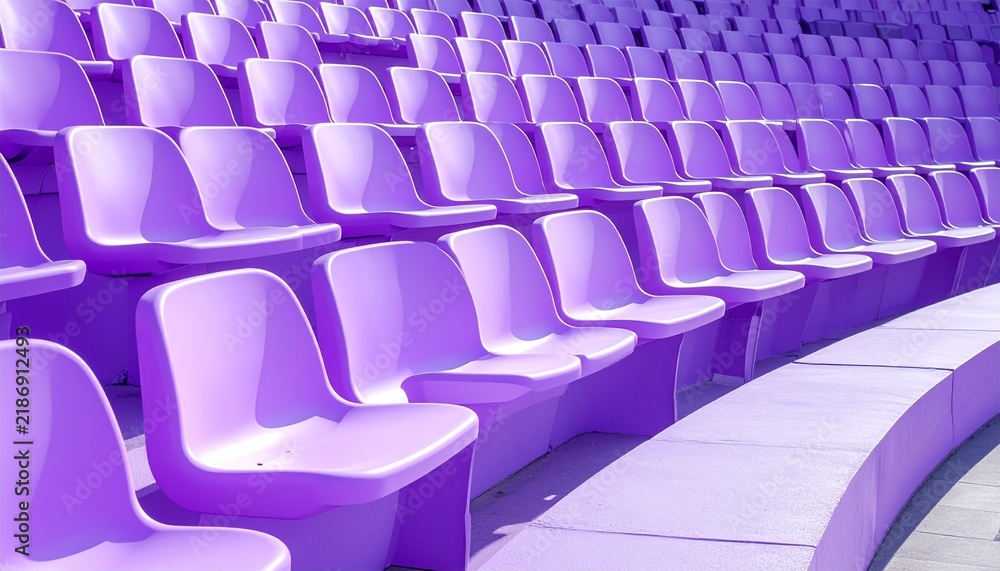 Fototapeta premium Rows of empty bright purple plastic seats in a modern outdoor stadium
