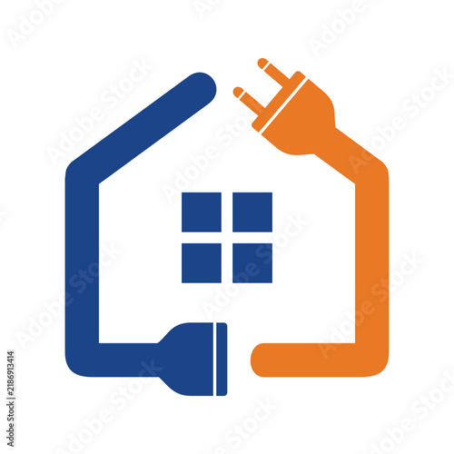 Electric Plug Wire Cable with House, Home Electricity Installation logo design