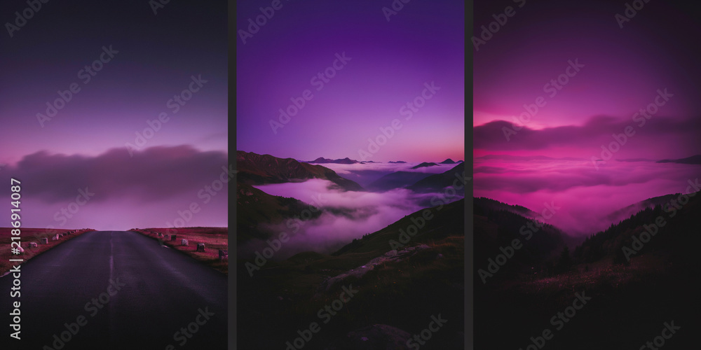 Obraz premium Mountainous landscapes with foggy valleys and empty roads in deep purple hues