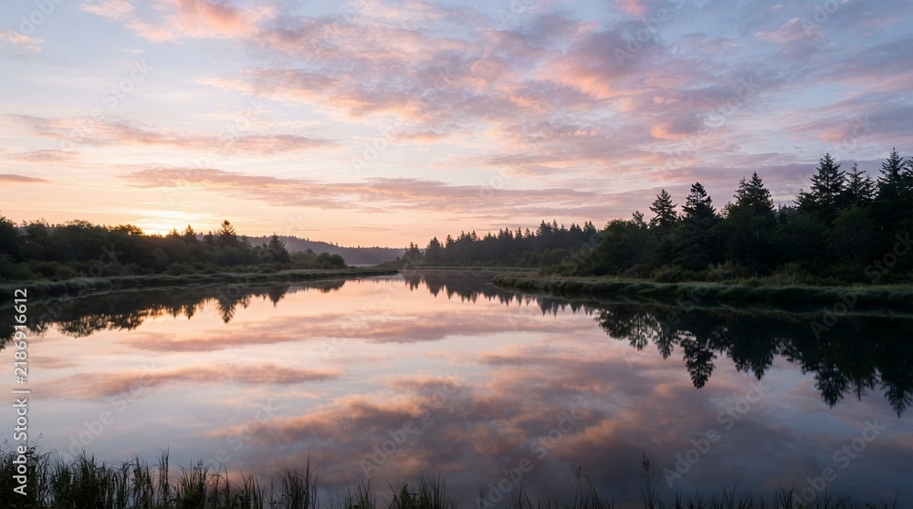 Fototapeta premium Serene Sunrise Over Calm Lake Reflecting Pink Clouds and Forest Silhouette.