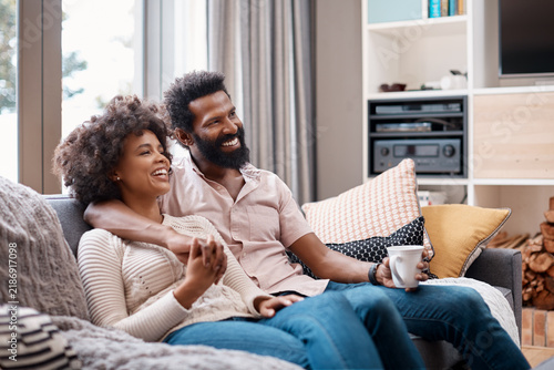 Принти на полотні Bonding, smile or couple in home with streaming, funny movie or watching tv in happy moment
