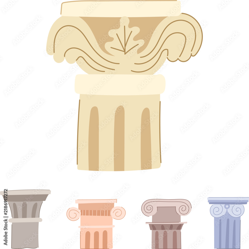 Obraz premium Ancient column capitals displaying different architectural orders including doric, ionic, and corinthian styles, creating a collection of classical building elements