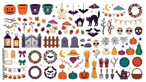 Cute Halloween and autumn harvest icons set, flat vector illustrations, pumpkins, cats, ghosts, gardening tools, wreaths, spooky decorations, seasonal design elements for print