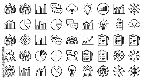 Set of business and collaboration line icons representing management and data analysis on a white background