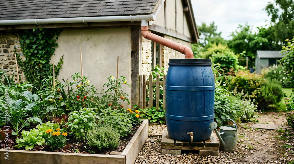 Obraz premium Blue rain water barrel next to a vegetable garden in a backyard setting