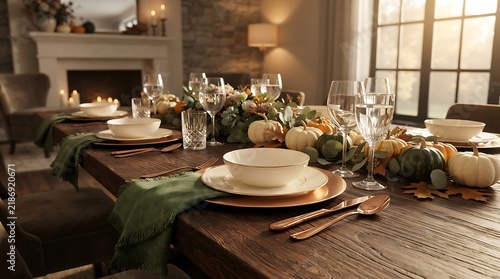 Festive thanksgiving dinner table setting with pumpkins and greenery decor