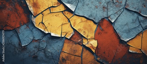 Abstract Cracked Paint Texture with Earthy Tones and Blue Hues.