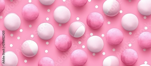 Seamless Pattern of Pink and White Spheres on a Pink Background with White Dots.